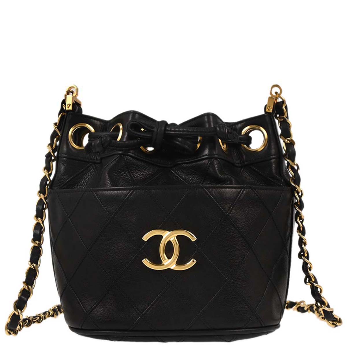 Chanel Black Lambskin Bicolore Bucket Drawstring Shoulder Bag
