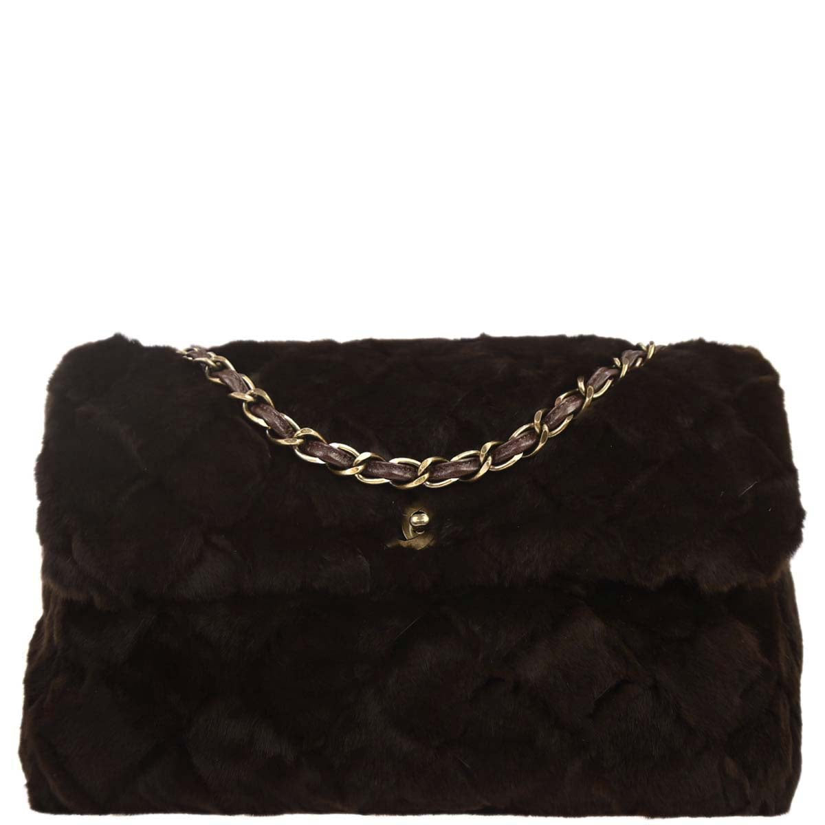Chanel 2000-2002 Brown Rabbit Fur Jumbo Straight Flap Shoulder Bag