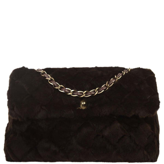 Chanel 2000-2002 Brown Rabbit Fur Jumbo Straight Flap Shoulder Bag