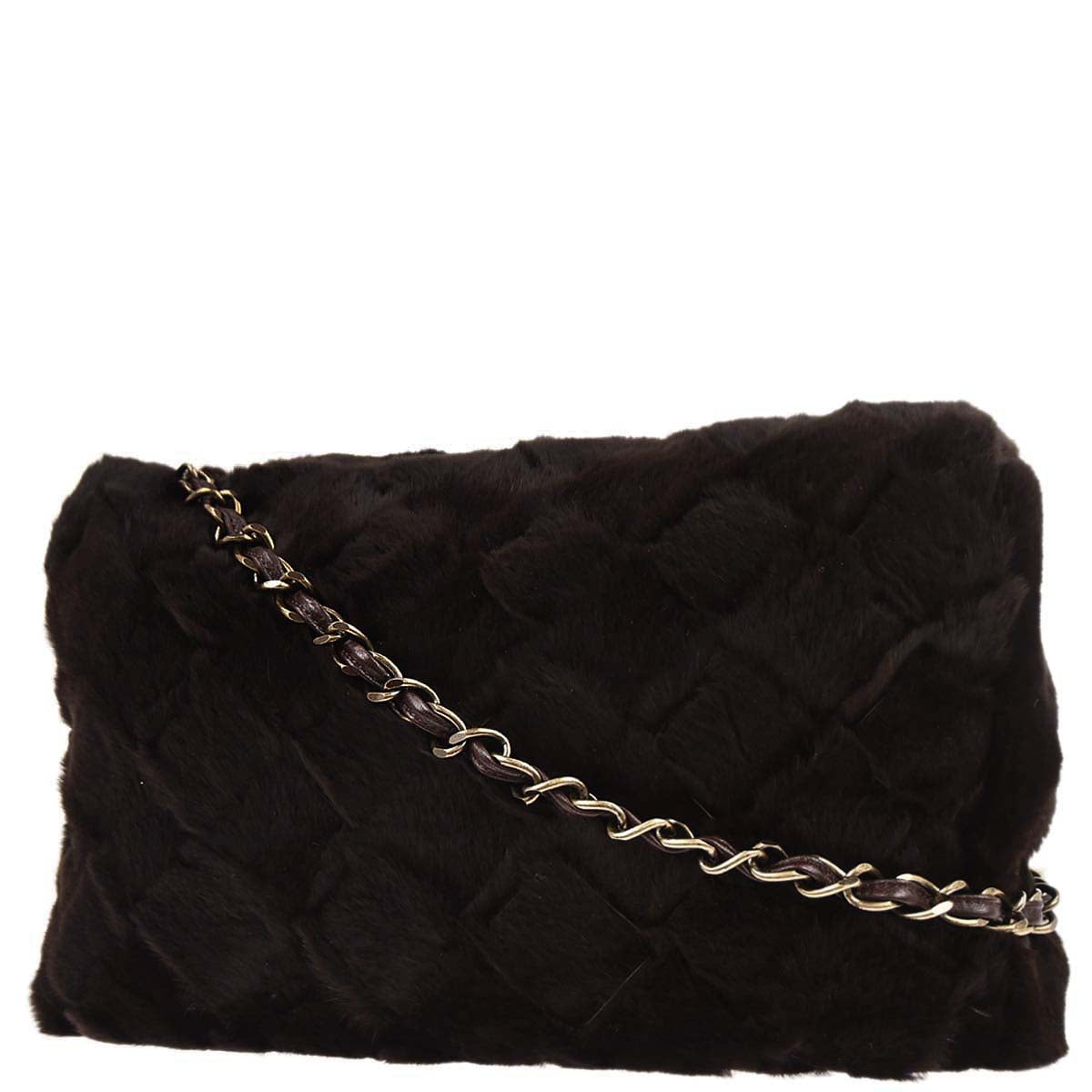 Chanel 2000-2002 Brown Rabbit Fur Jumbo Straight Flap Shoulder Bag