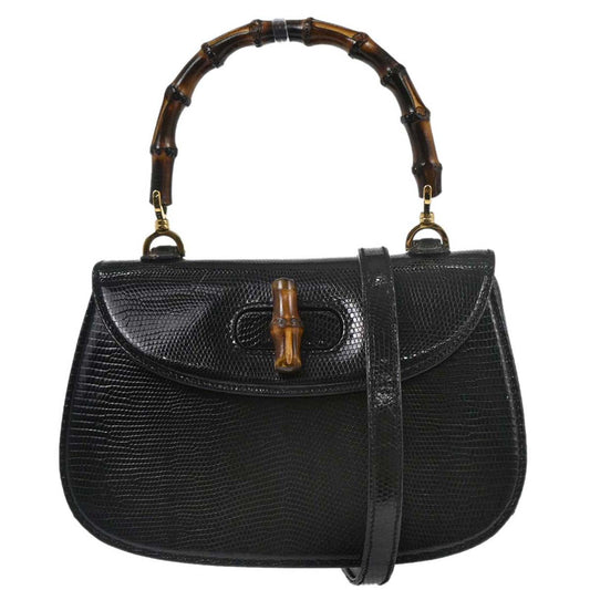 Gucci * Black Lizard Bamboo 2way Shoulder Handbag