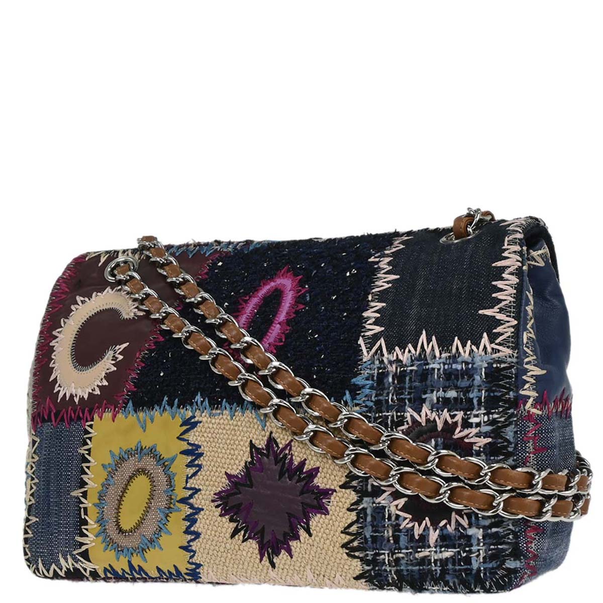 Chanel 2012 Navy Tweed Single Flap Patchwork Shoulder Bag