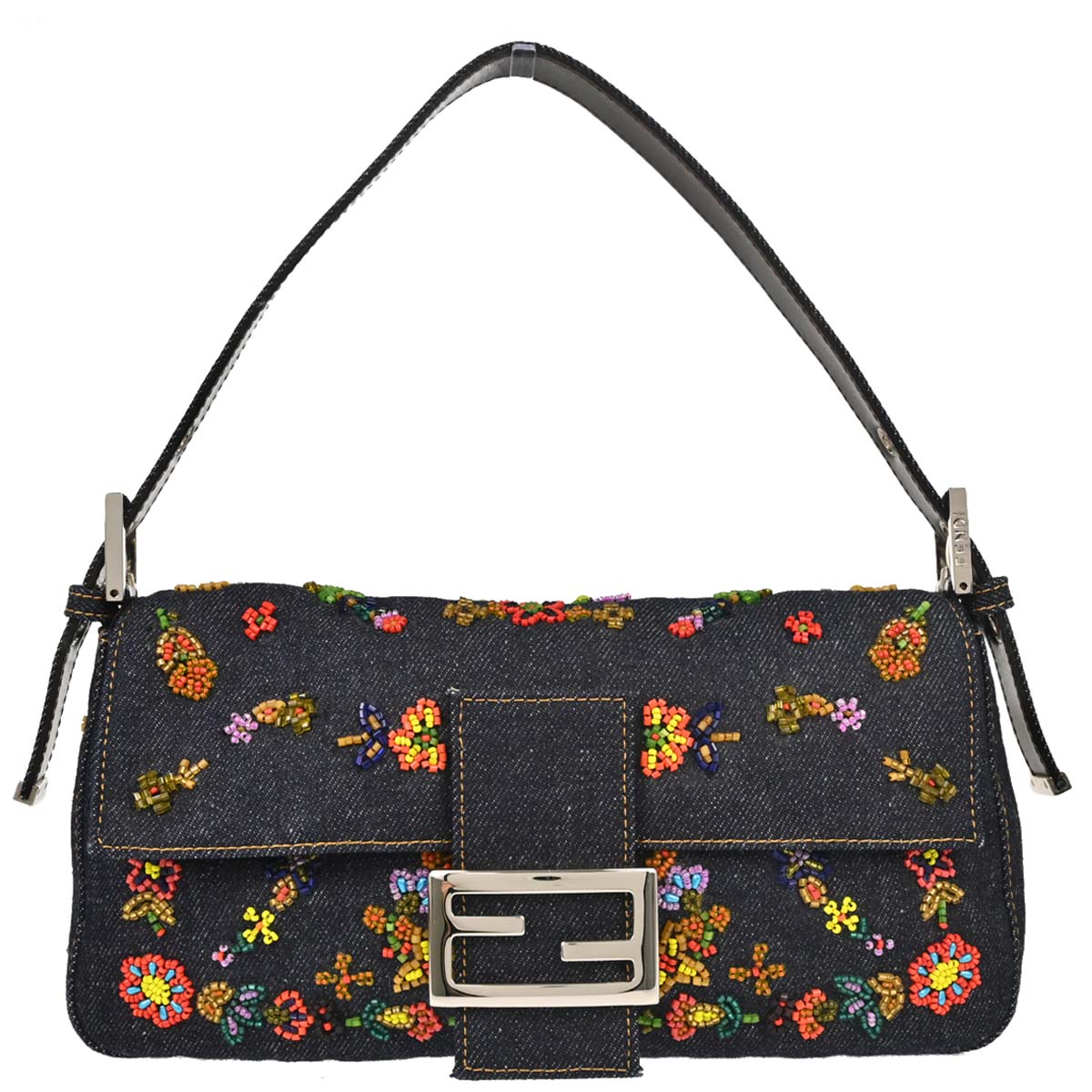 Fendi Navy Denim Beaded Baguette Handbag
