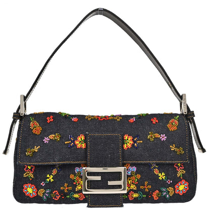 Fendi Navy Denim Beaded Baguette Handbag