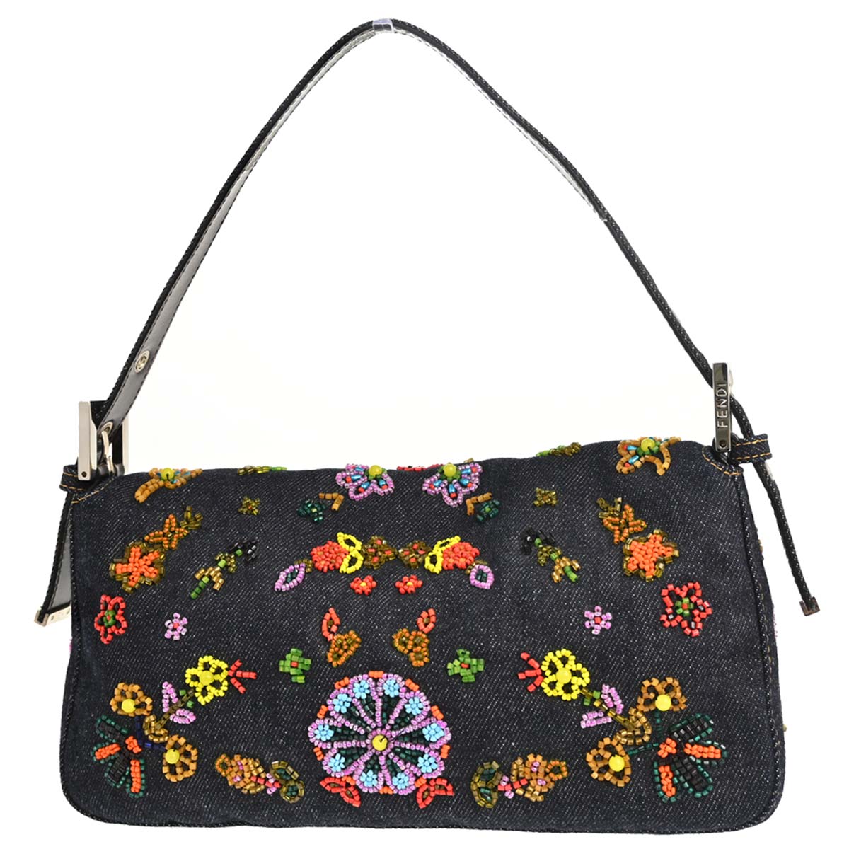 Fendi Navy Denim Beaded Baguette Handbag