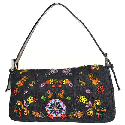 Fendi Navy Denim Beaded Baguette Handbag