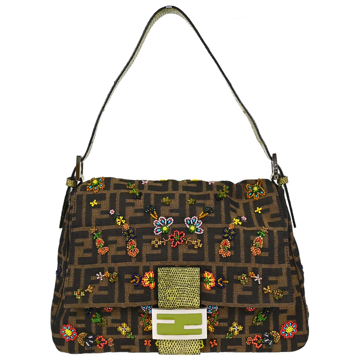 Fendi * Lizard Zucca Beaded Mamma Baguette Handbag