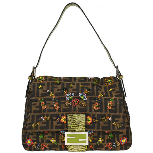 Fendi * Lizard Zucca Beaded Mamma Baguette Handbag
