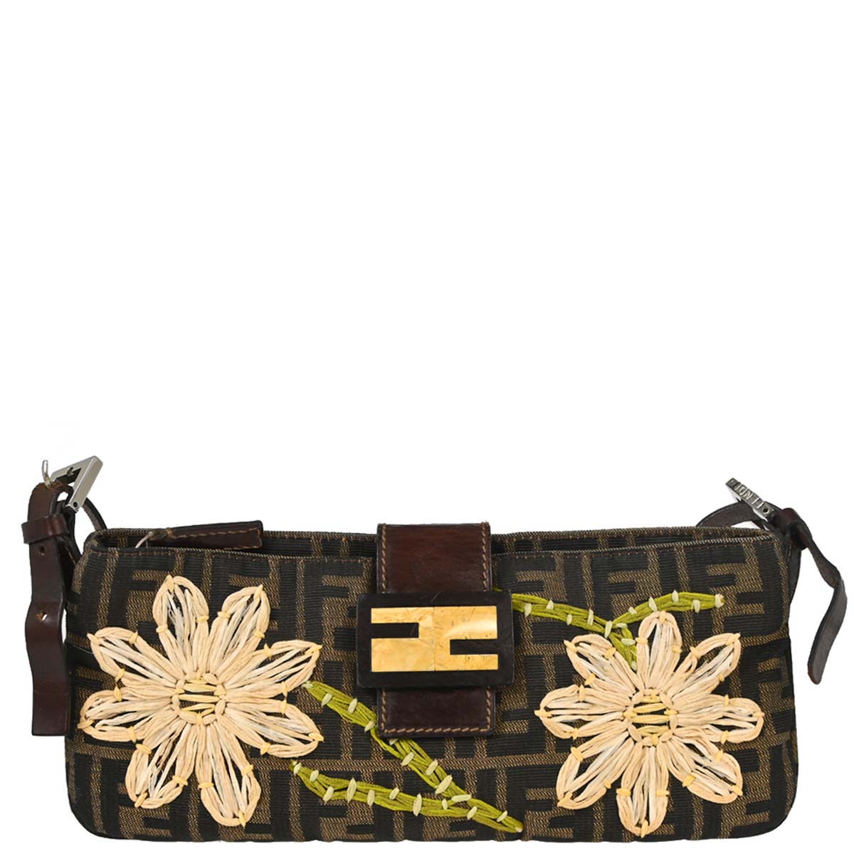 Fendi Brown Canvas Zucca Floral Embroidery Shoulder Bag