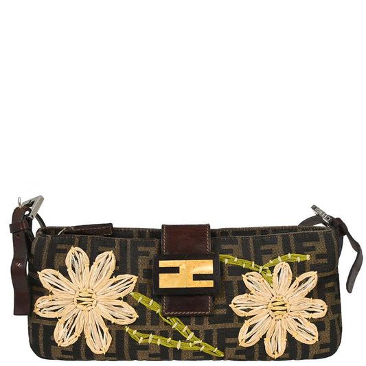 Fendi Brown Canvas Zucca Floral Embroidery Shoulder Bag