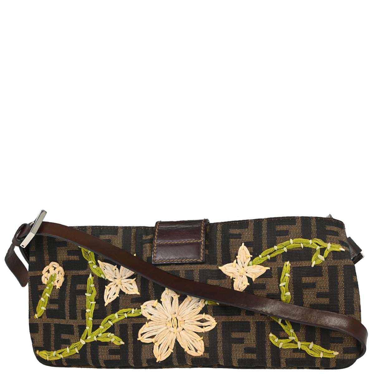 Fendi Brown Canvas Zucca Floral Embroidery Shoulder Bag