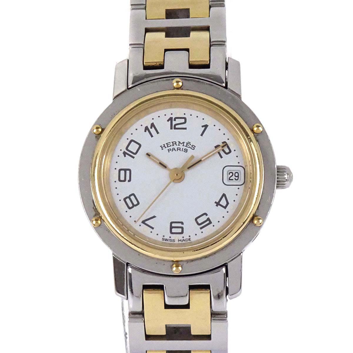 Hermes Ref.CL4.220 Clipper Date 24mm Quartz Watch SS Gold Plated