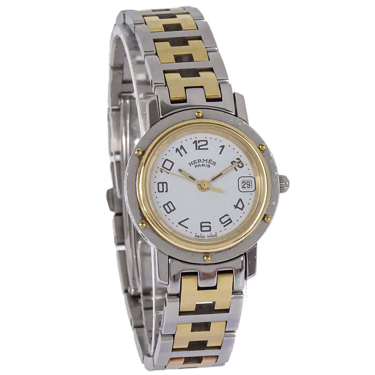 Hermes Ref.CL4.220 Clipper Date 24mm Quartz Watch SS Gold Plated