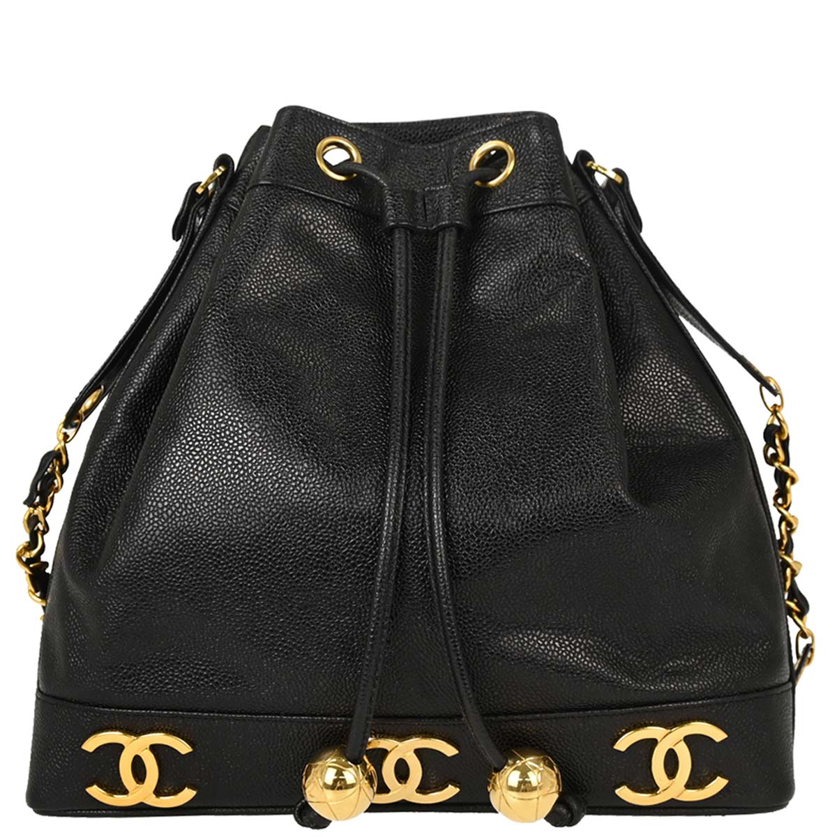 Chanel 1994-1996 Black Caviar Skin Triple CC Drawstring Shoulder Bag