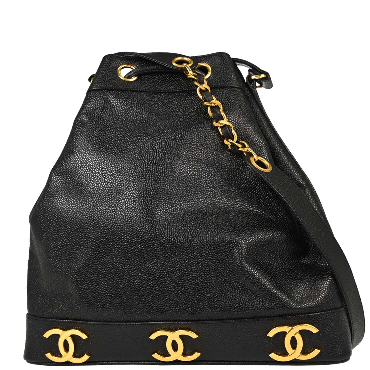 Chanel 1994-1996 Black Caviar Skin Triple CC Drawstring Shoulder Bag