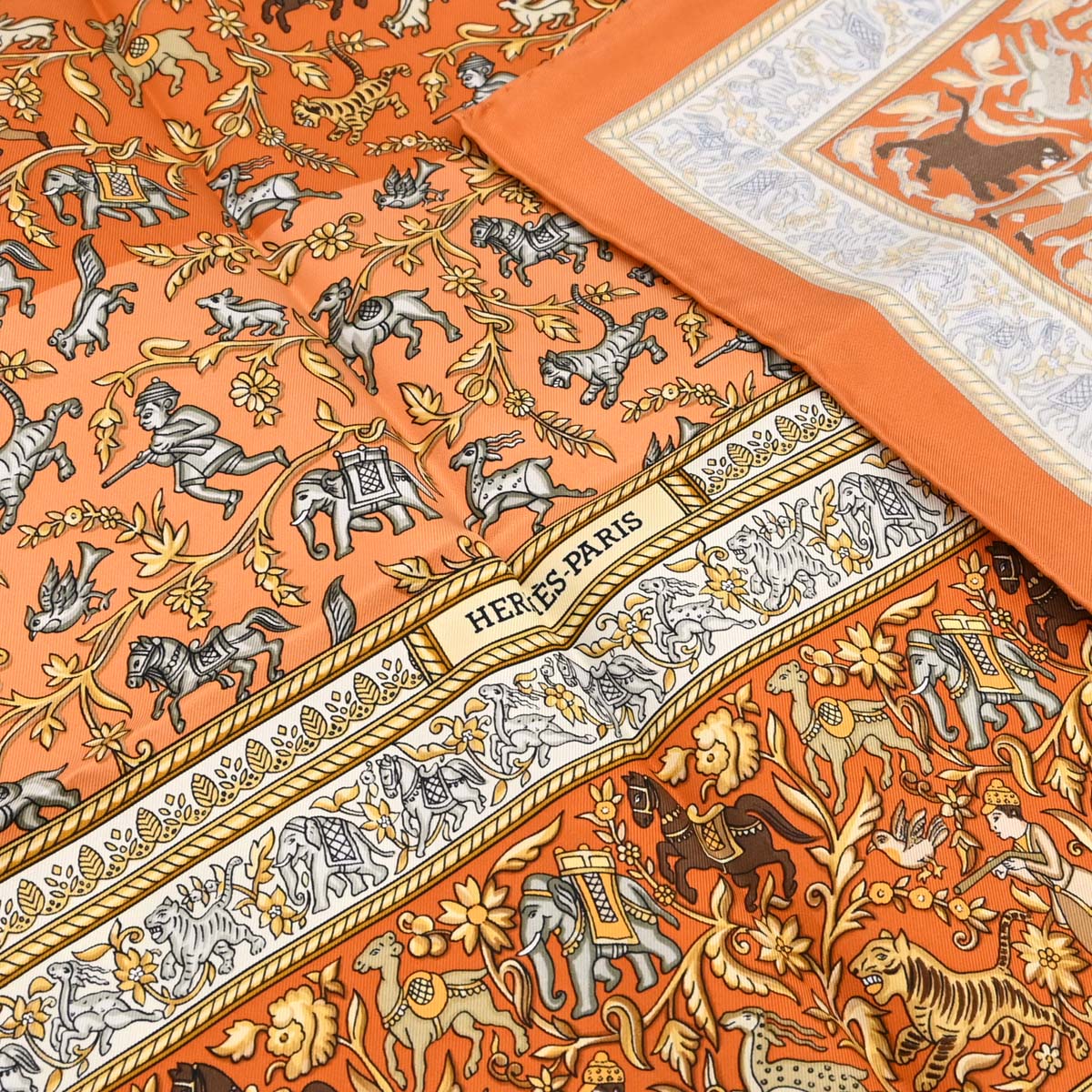 Hermes Scarf Carre 90 Chasse en Inde Orange Small Good