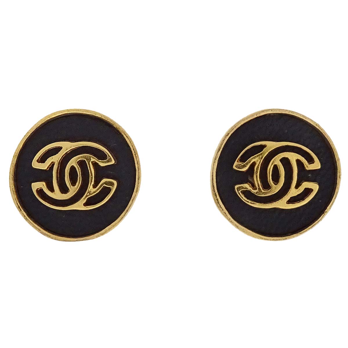 Chanel Button Pierced Earrings Gold Black 03P