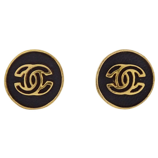 Chanel Button Pierced Earrings Gold Black 03P