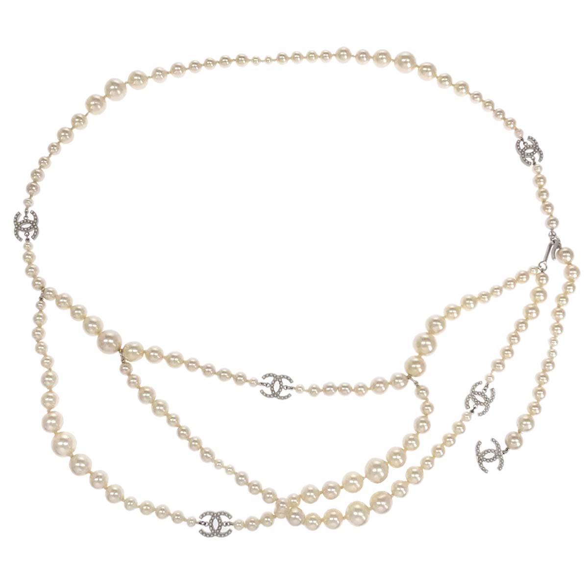 Chanel Silver Chain Belt Costume Pearl CC Small Good 04P