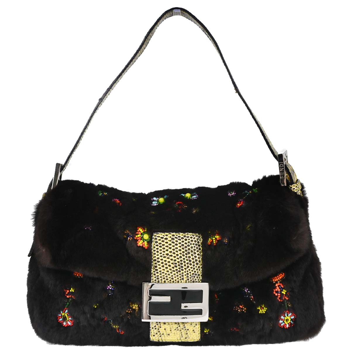 Fendi * Black Lapin Fur Lizard Baguette Handbag
