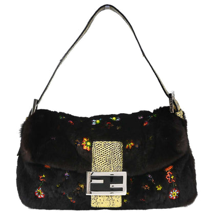 Fendi * Black Lapin Fur Lizard Baguette Handbag