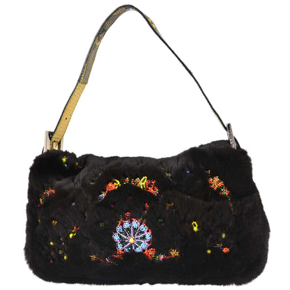 Fendi * Black Lapin Fur Lizard Baguette Handbag