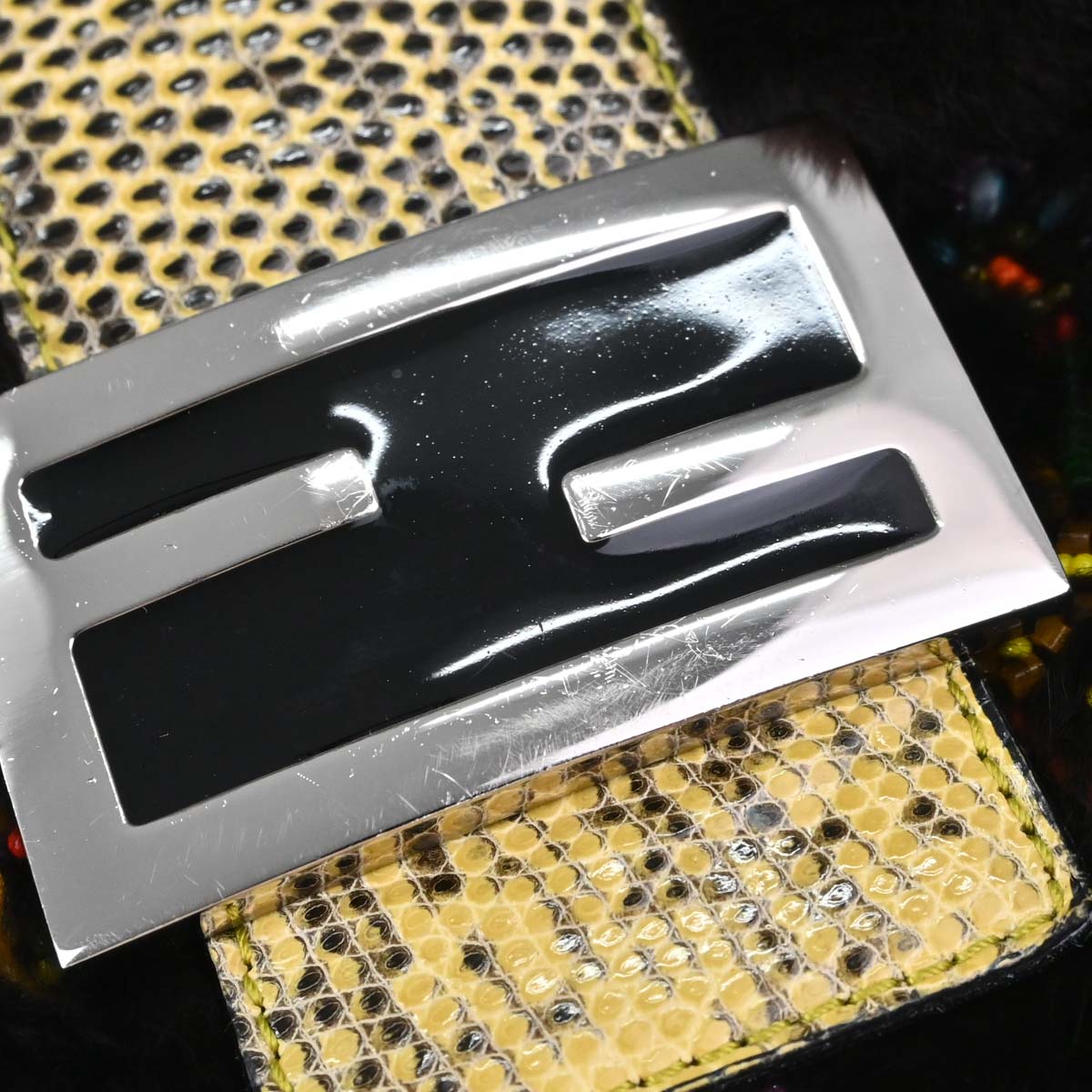 Fendi * Black Lapin Fur Lizard Baguette Handbag