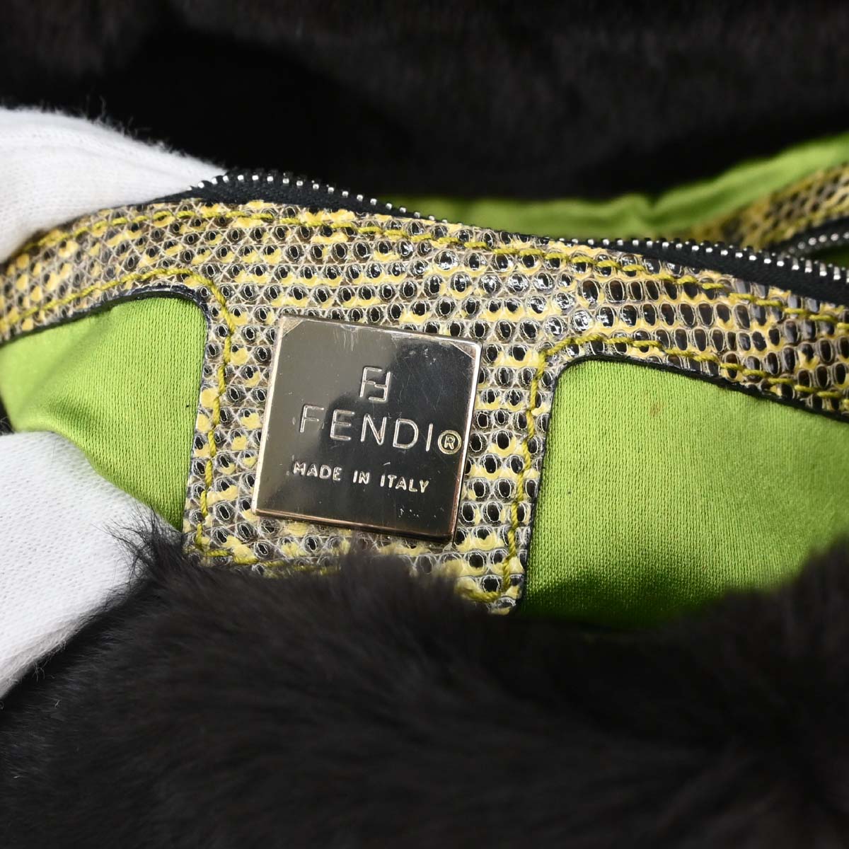 Fendi * Black Lapin Fur Lizard Baguette Handbag