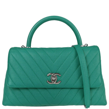 Chanel 2019 Green Caviar Skin Chevron Coco Handle 2way Shoulder Handbag
