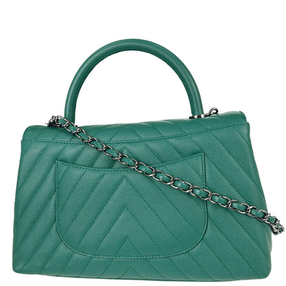 Chanel 2019 Green Caviar Skin Chevron Coco Handle 2way Shoulder Handbag