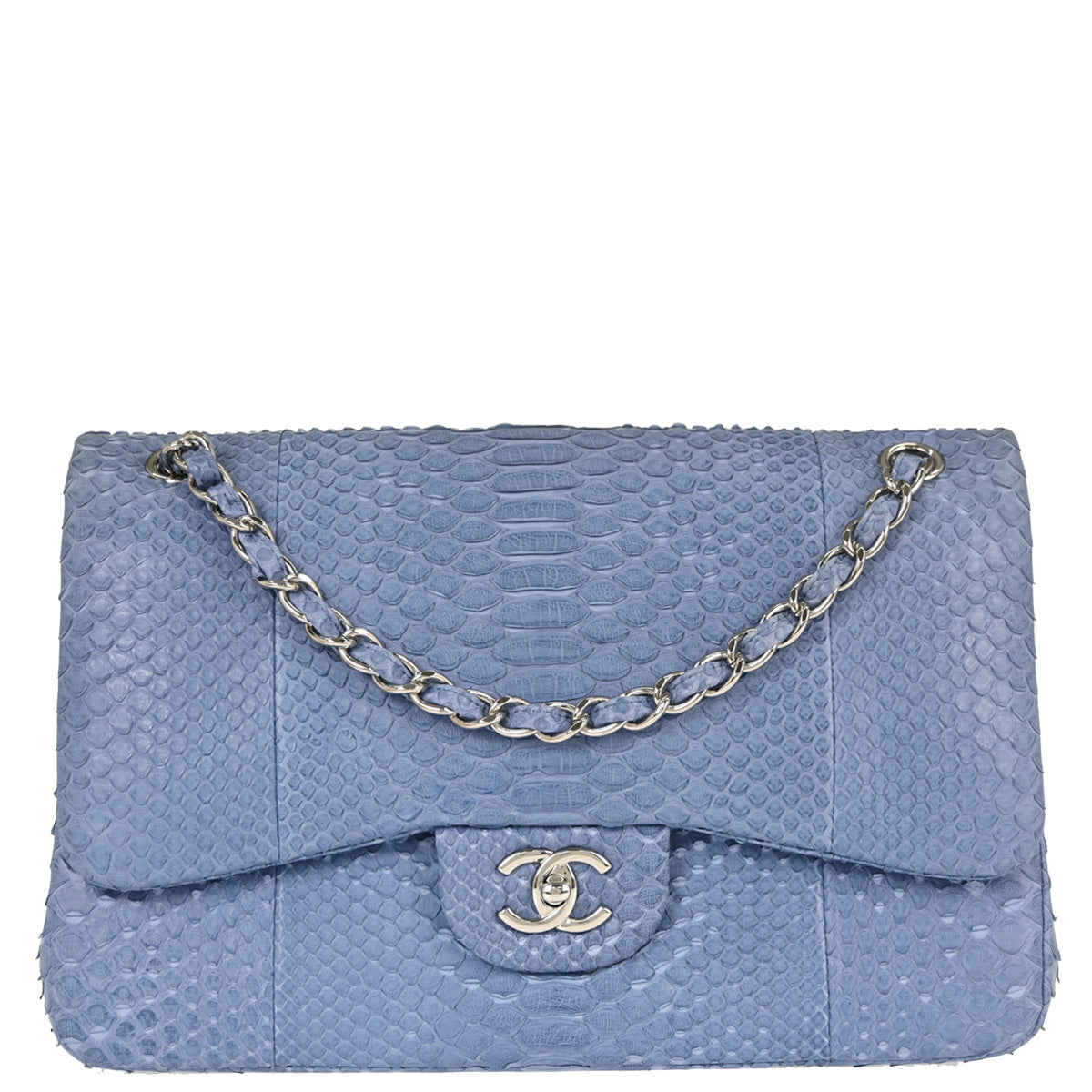 Chanel * Blue Python Jumbo Classic Double Flap Shoulder Bag