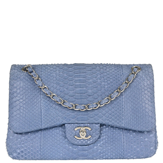Chanel * Blue Python Jumbo Classic Double Flap Shoulder Bag