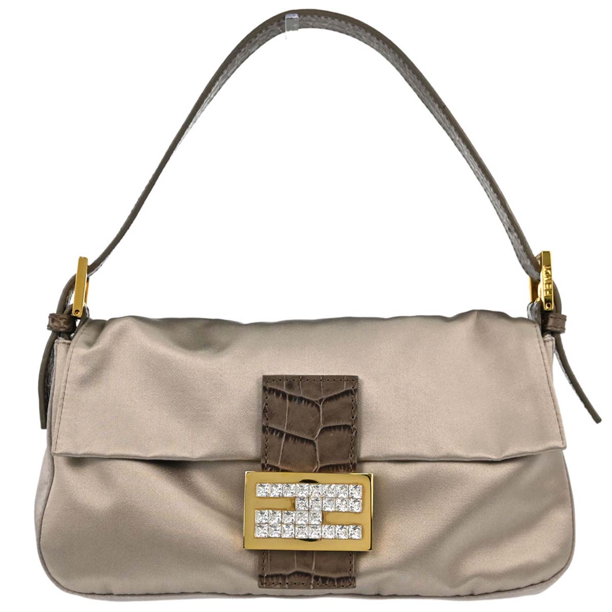 Fendi Beige Satin Embossed Leather Baguette Handbag