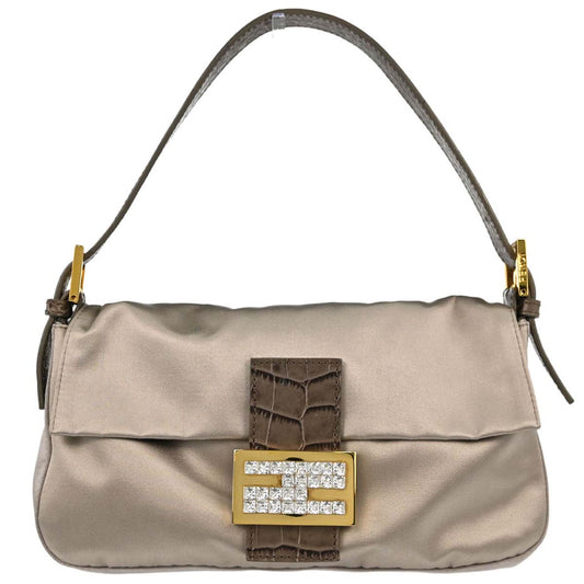 Fendi Beige Satin Embossed Leather Baguette Handbag
