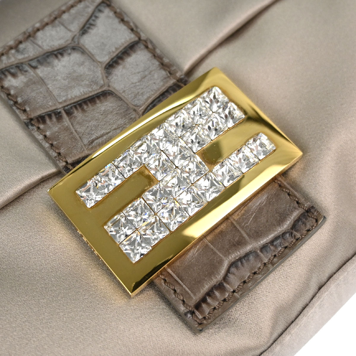 Fendi Beige Satin Embossed Leather Baguette Handbag