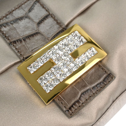 Fendi Beige Satin Embossed Leather Baguette Handbag