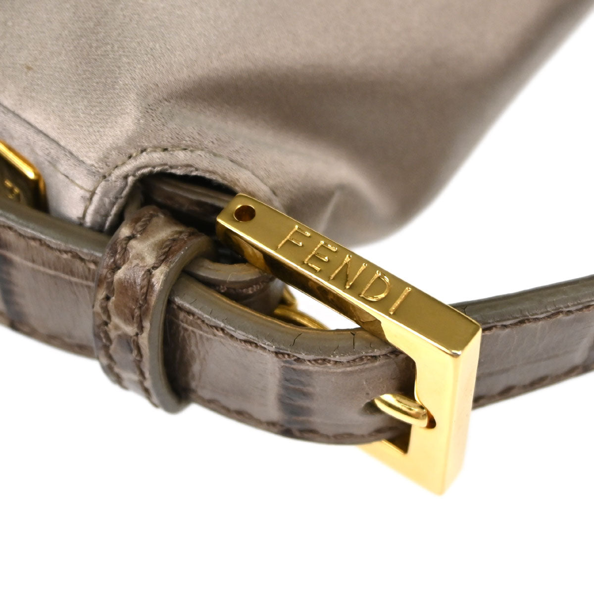 Fendi Beige Satin Embossed Leather Baguette Handbag