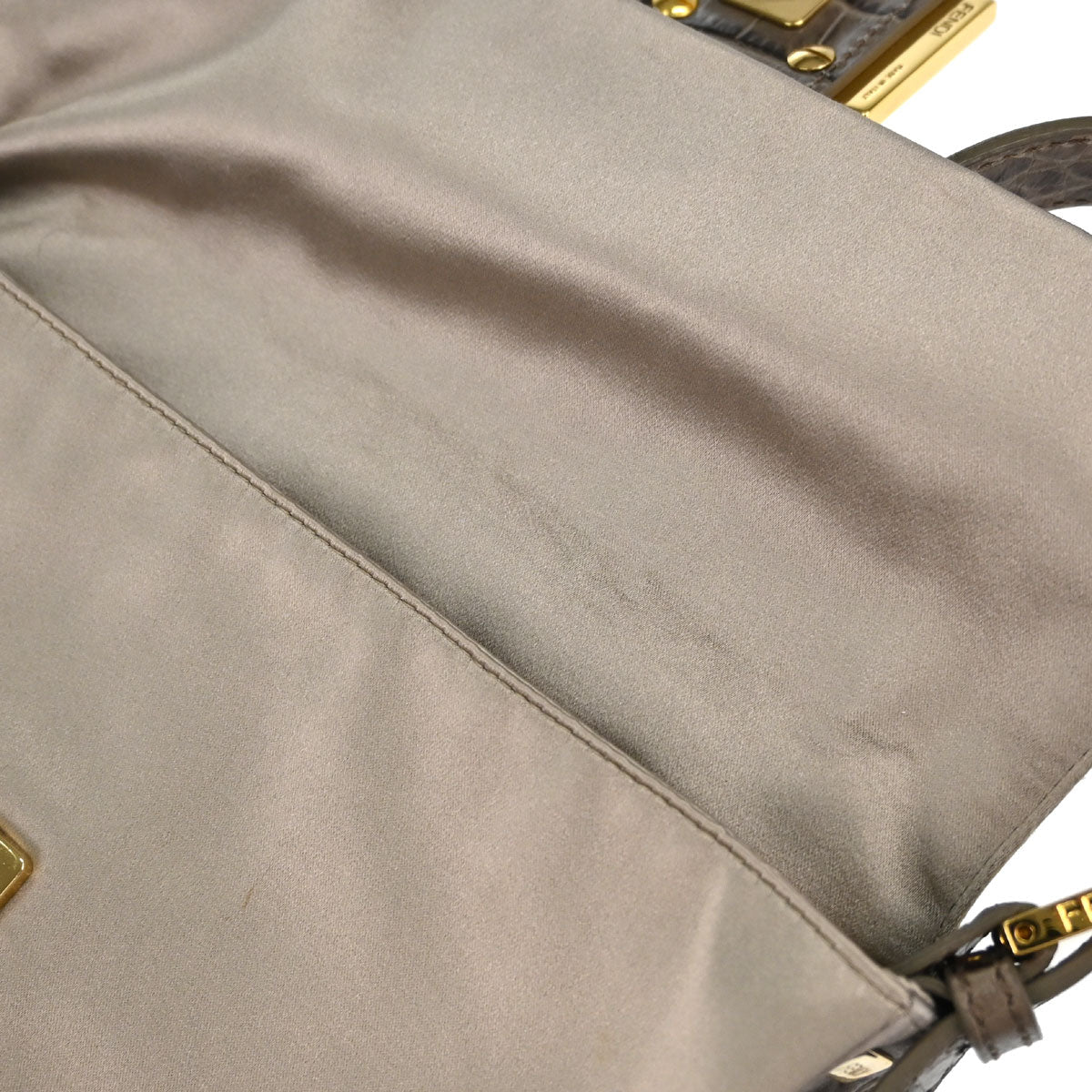 Fendi Beige Satin Embossed Leather Baguette Handbag