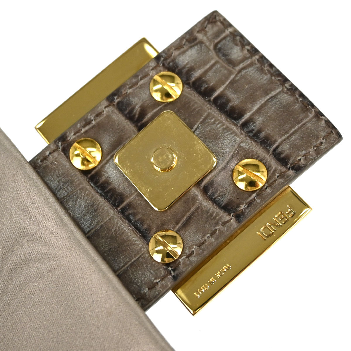 Fendi Beige Satin Embossed Leather Baguette Handbag