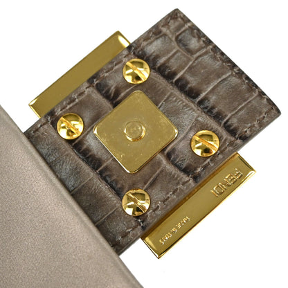 Fendi Beige Satin Embossed Leather Baguette Handbag