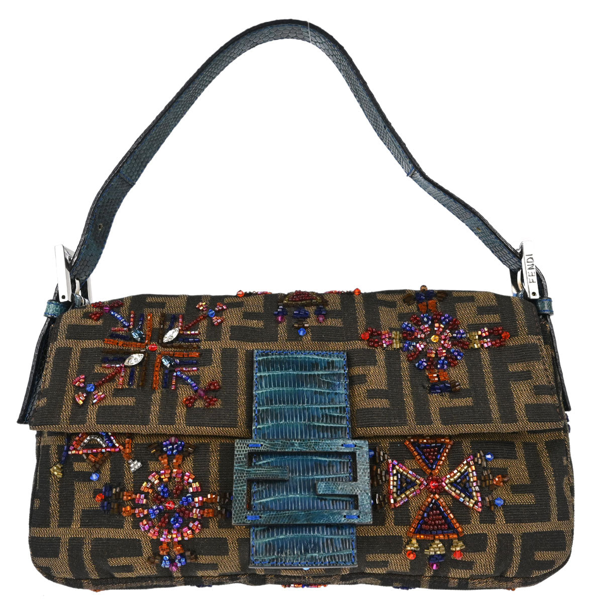 Fendi * Brown Lizard Beaded Zucca Baguette Handbag
