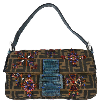 Fendi * Brown Lizard Beaded Zucca Baguette Handbag