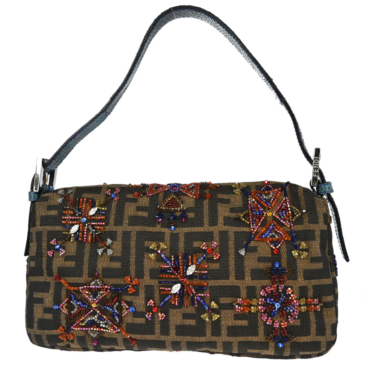 Fendi * Brown Lizard Beaded Zucca Baguette Handbag