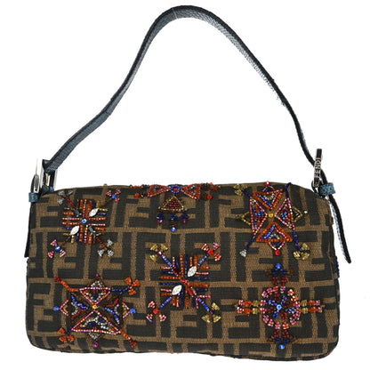 Fendi * Brown Lizard Beaded Zucca Baguette Handbag