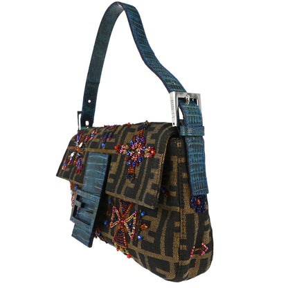 Fendi * Brown Lizard Beaded Zucca Baguette Handbag