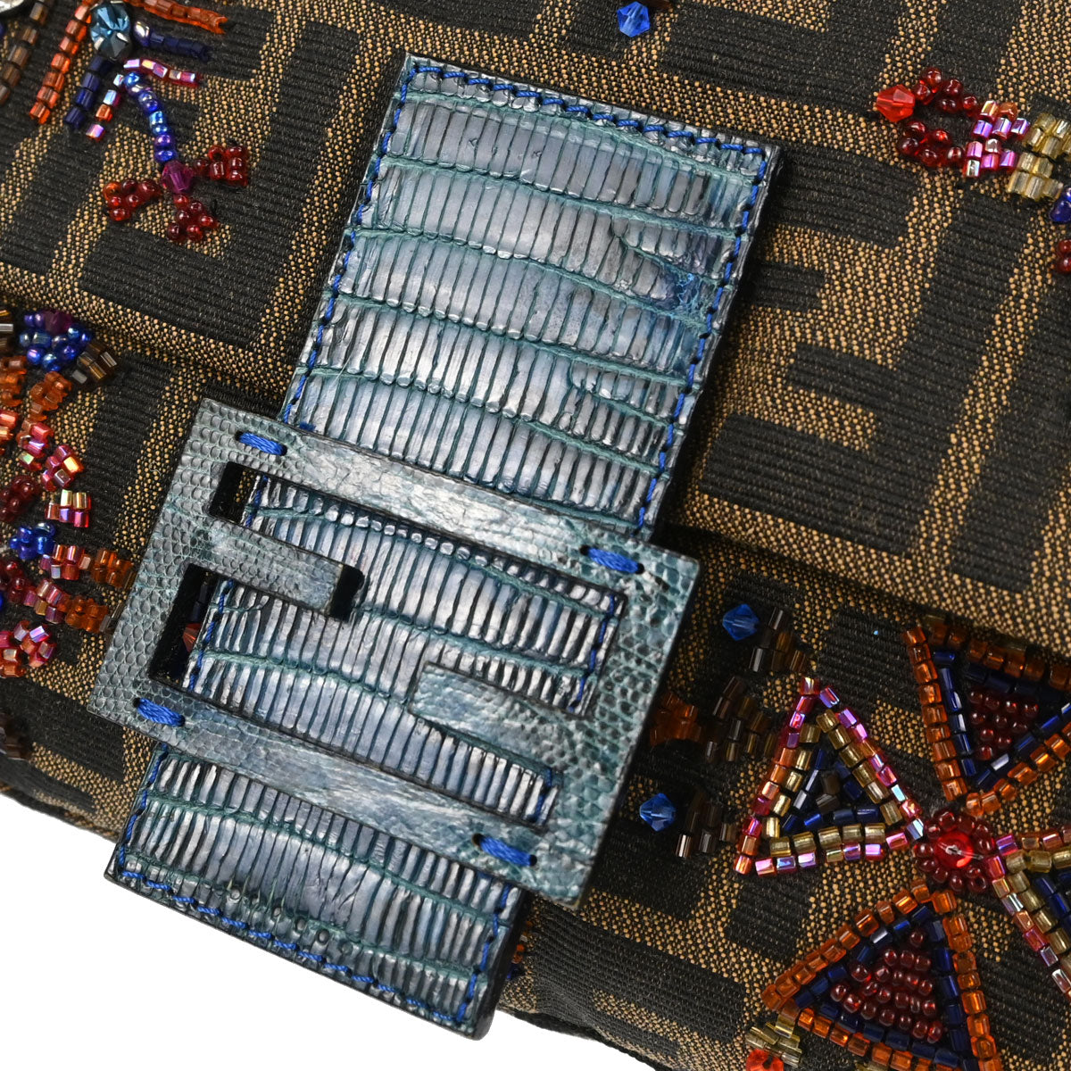 Fendi * Brown Lizard Beaded Zucca Baguette Handbag
