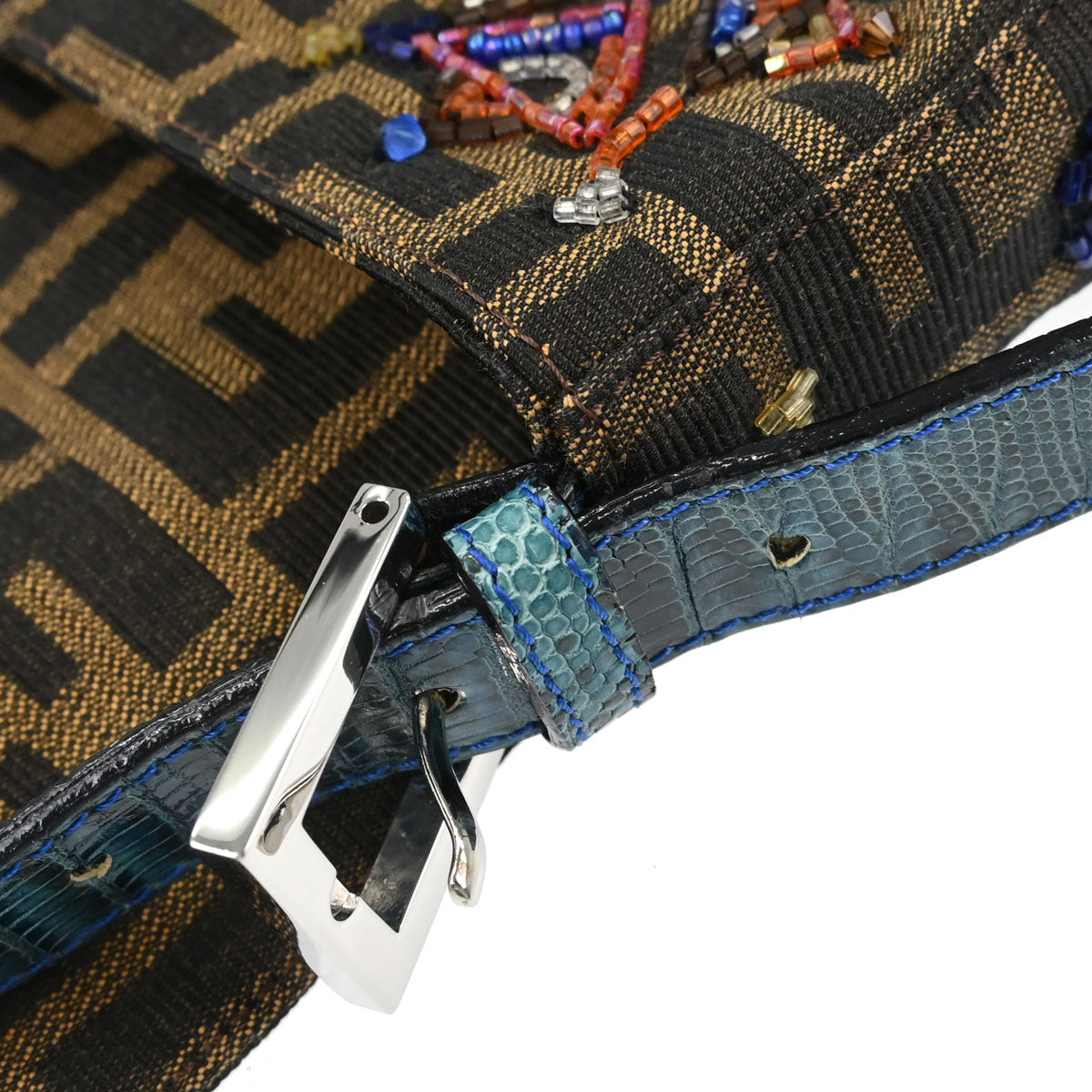 Fendi * Brown Lizard Beaded Zucca Baguette Handbag