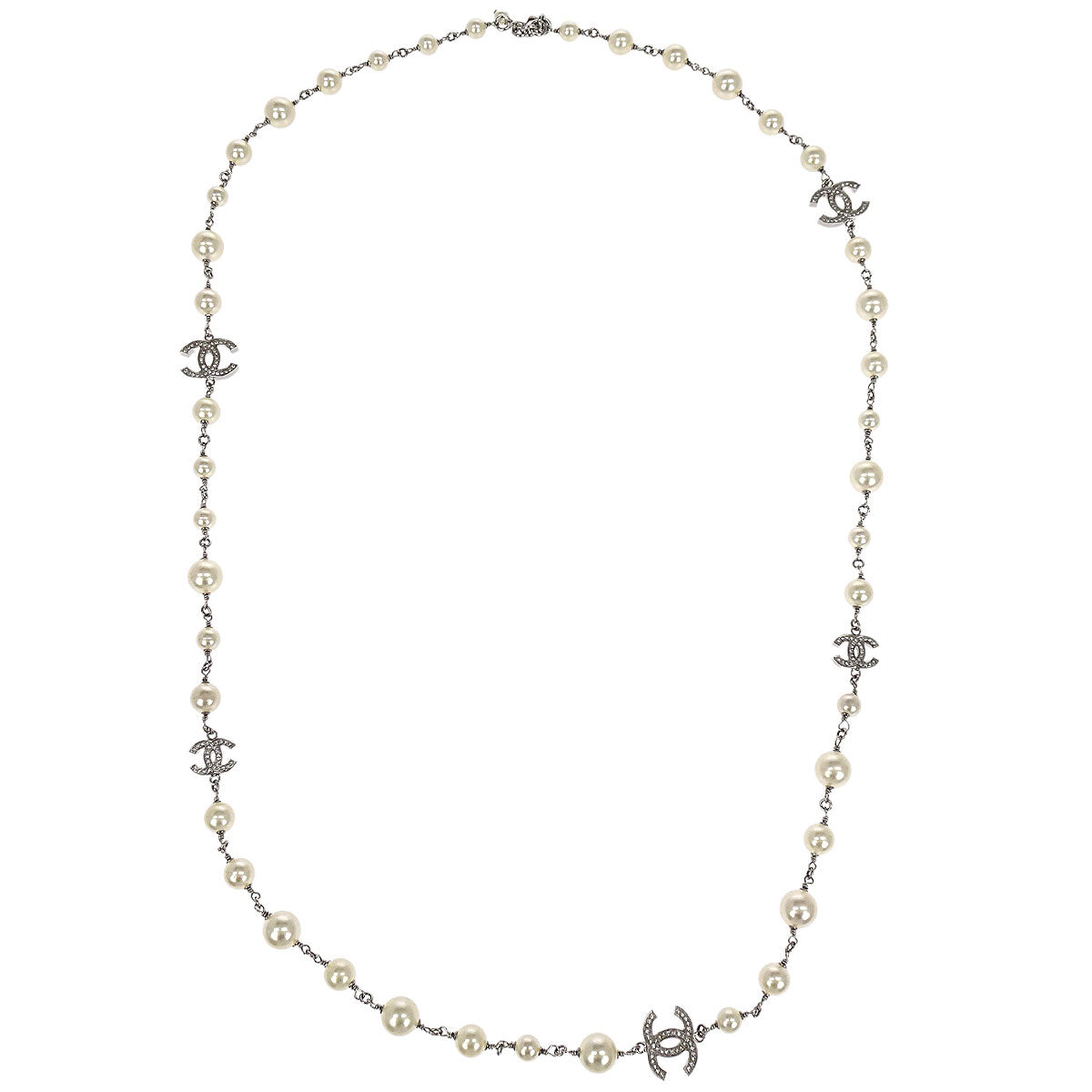 Chanel CC Chain Pendant Necklace Silver Costume Pearl Rhinestone B14C