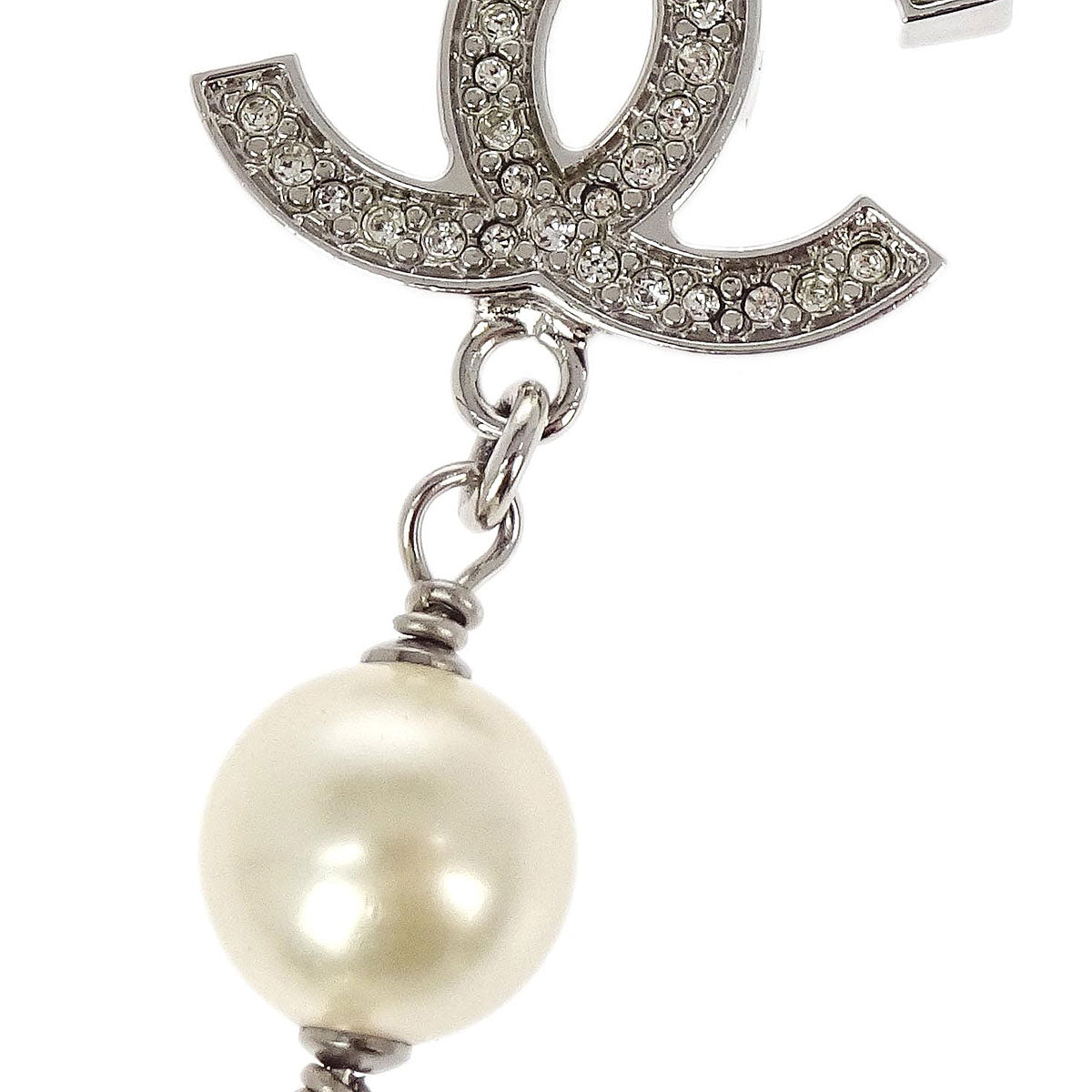 Chanel CC Chain Pendant Necklace Silver Costume Pearl Rhinestone B14C