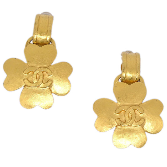 Chanel Clover Dangle Gold Clip-On Earrings 95P